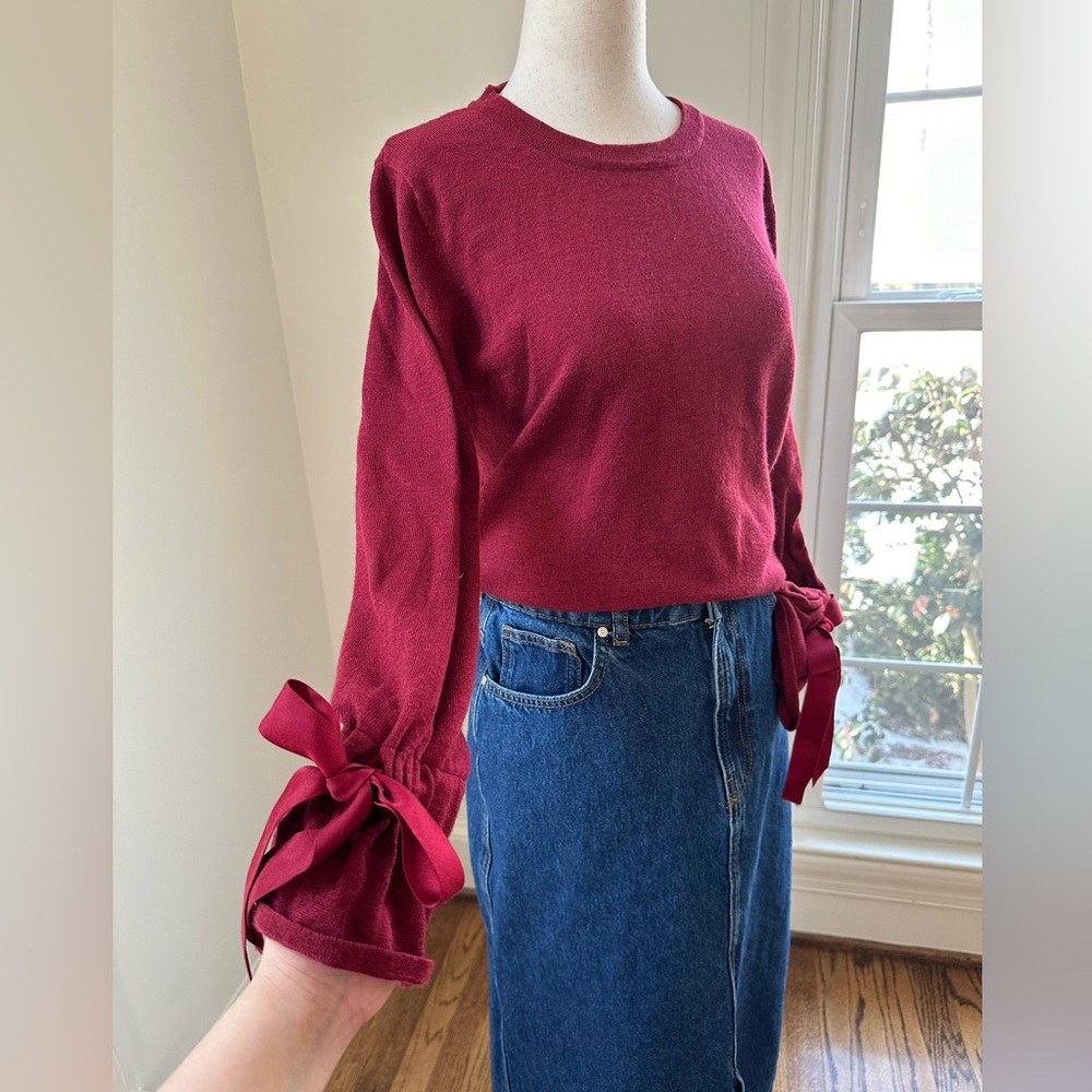 MAX STUDIO Red Sweater with Bow Tie Sleeves Sz S - Picture 6 of 9
